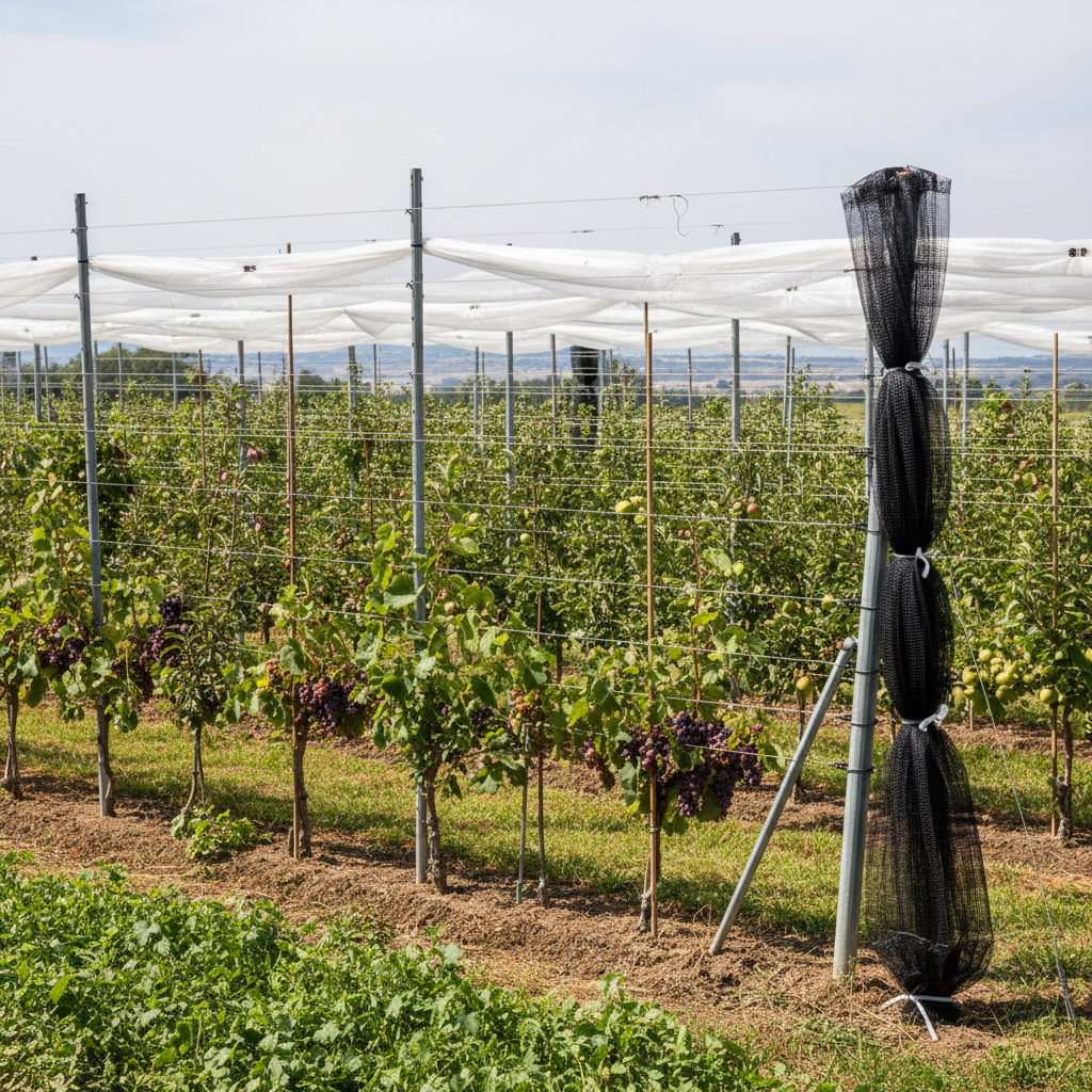 Modern orchard with galvanized steel t-posts supporting grapevines and fruit trees.
