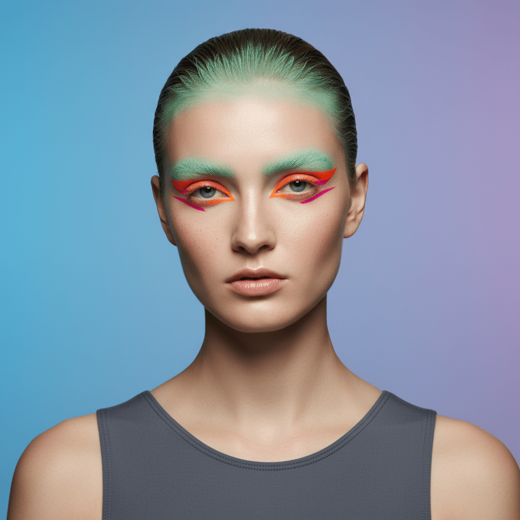 Futuristic makeup with translucent mint green brows and bold neon eyeliner.
