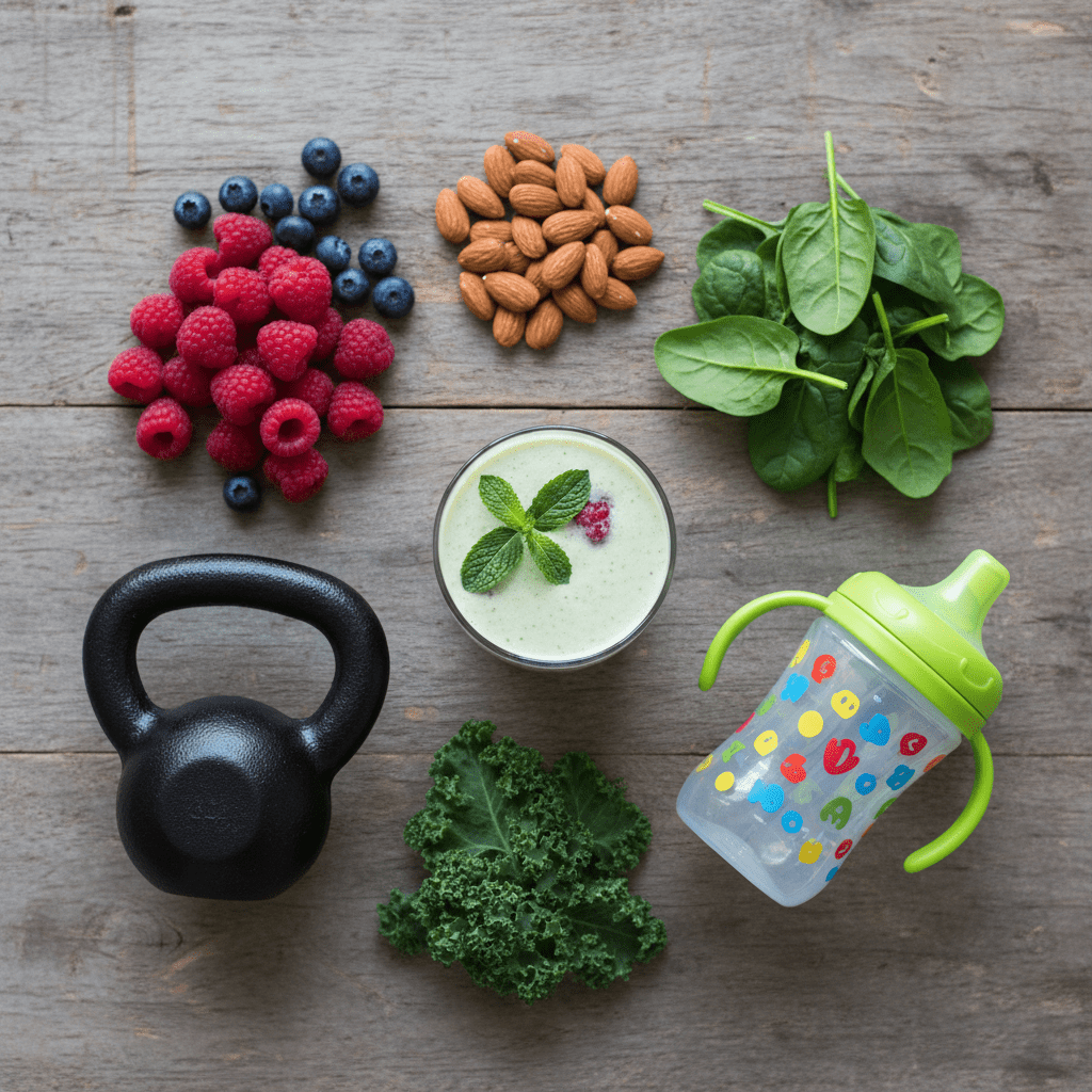 Overhead flat lay of mom muscle scene with protein smoothie and kettlebell.