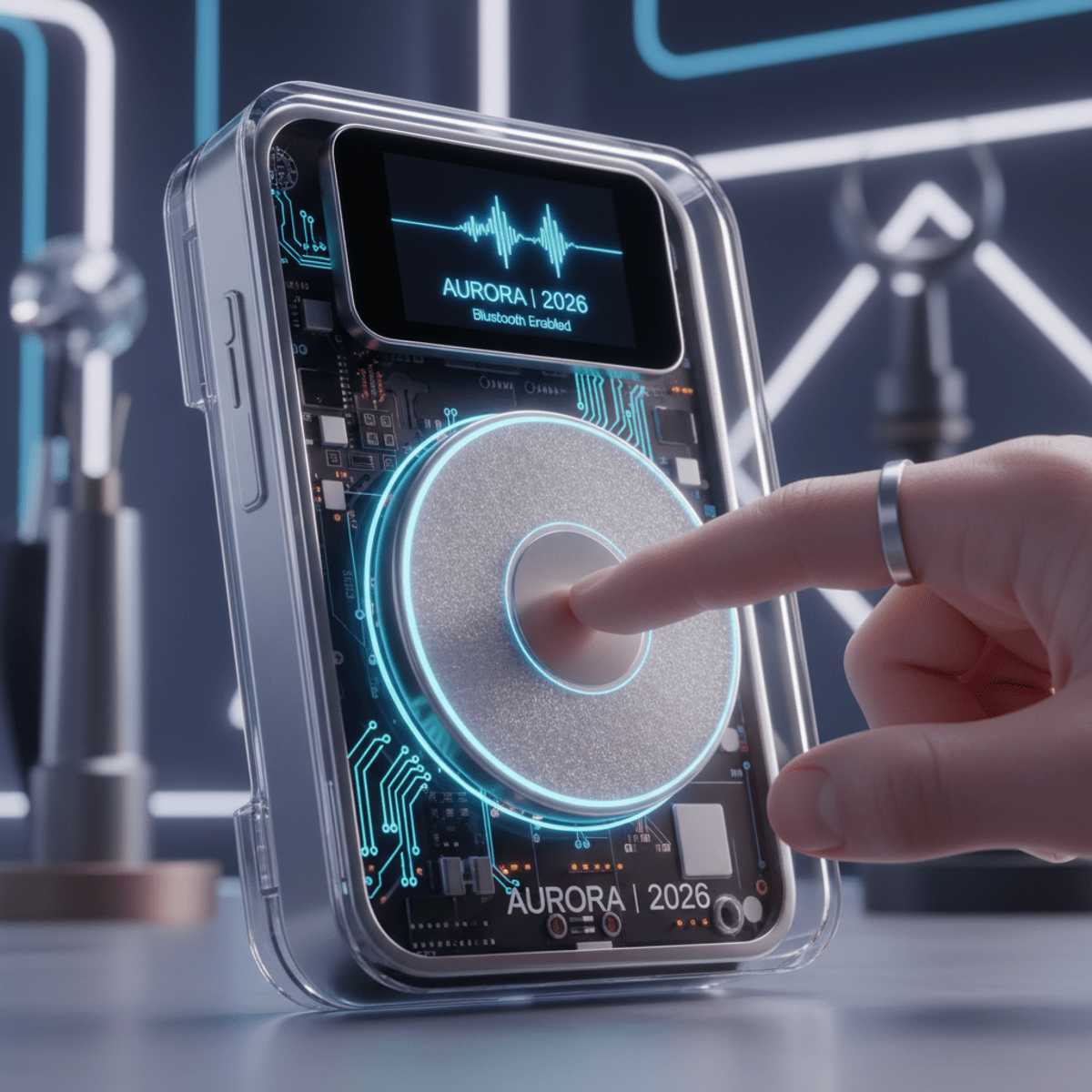 Futuristic mp3 player with transparent casing and haptic click-wheel detail.