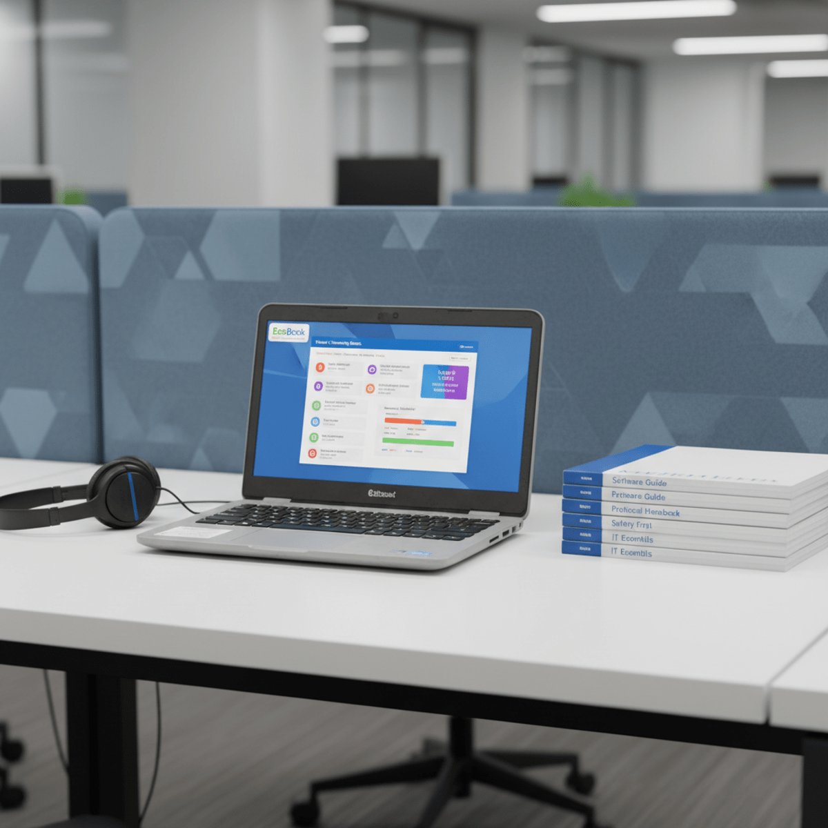 Modern office training station features an affordable laptop with a quiz interface.