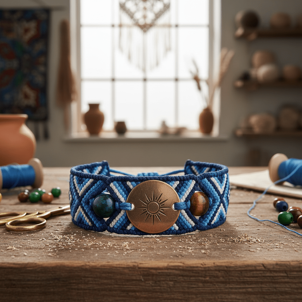 Thick blue cotton cords form a wide cuff friendship bracelet with macrame knots and metal charm.