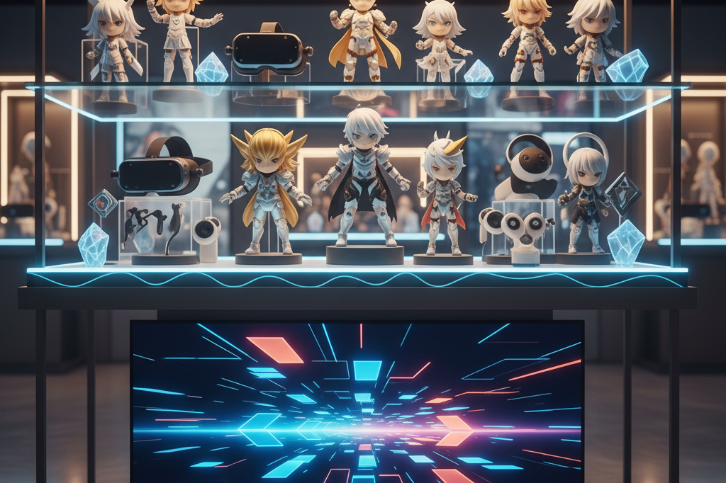 Modern store shelf showcasing generic VR anime collectibles under warm and cool ambient lighting