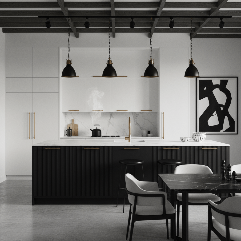 Modern kitchen with matte black reeded cabinets and white contrast cabinetry.