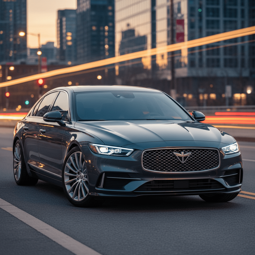 Close-up of a luxury graphite sedan with quad LED headlights on a city street at dusk.