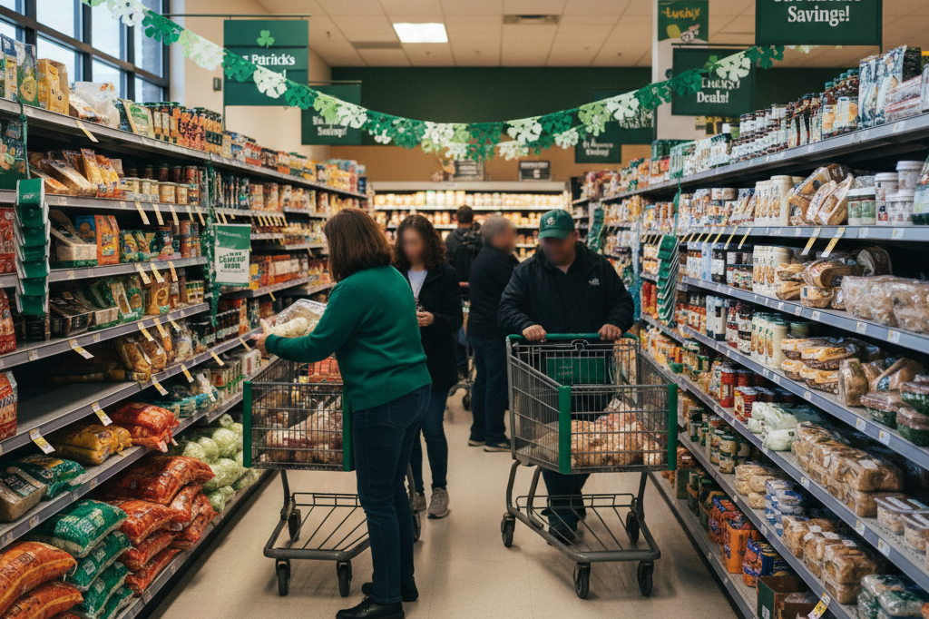 Wide shot of shoppers browsing stocked shelves with holiday-themed groceries under warm ambient lighting