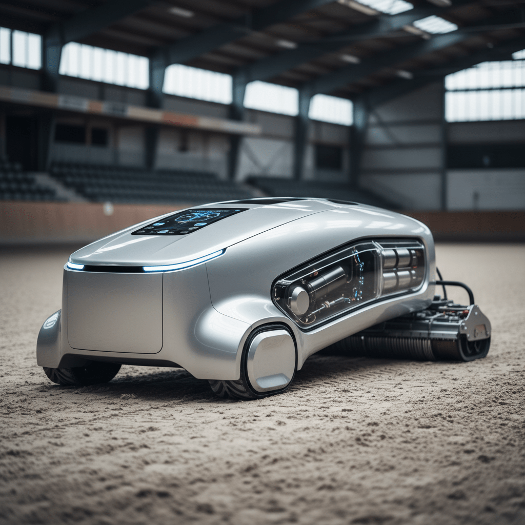 Sleek, matte aluminum electric drag machine with LED panel in a dust-free arena.