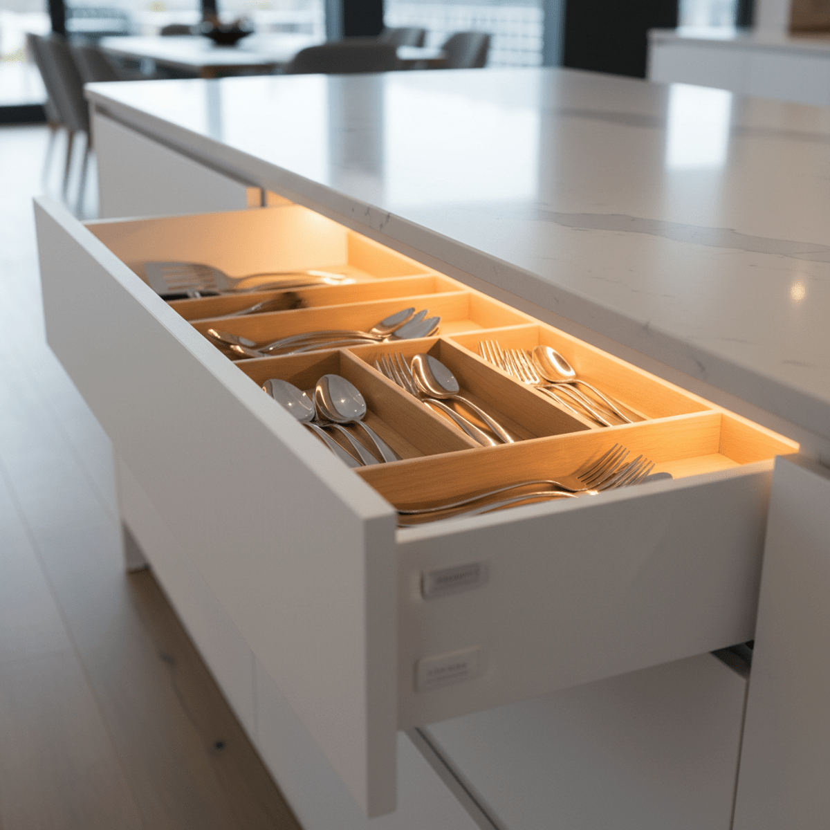 Opened modern kitchen drawer with utensil organizer illuminated by amber LED light.