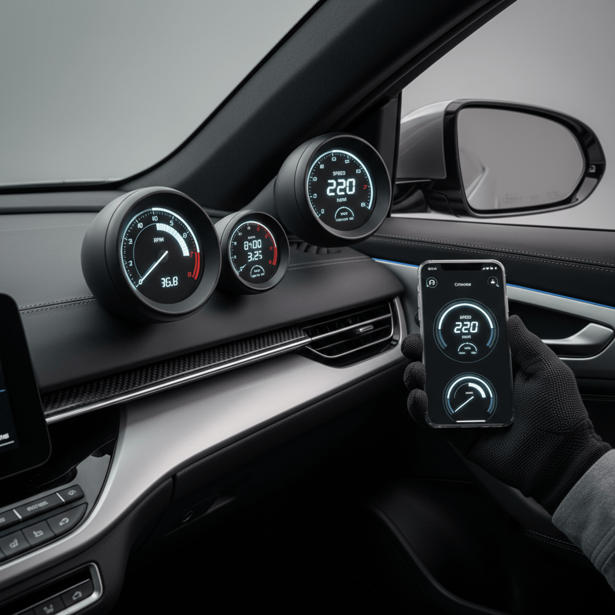 Sleek futuristic car gauges with holographic readouts on a modern dashboard.