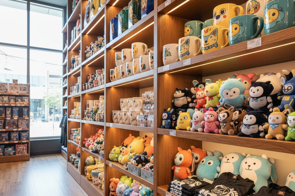 Retail store aisle displaying colorful character-themed products under natural lighting, highlighting consumer appeal without recognizable branding