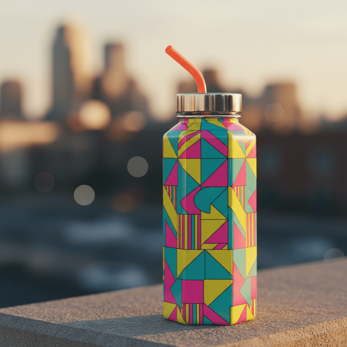 Vivid retro-pop water bottle with geometric patterns in teal, pink, and yellow.