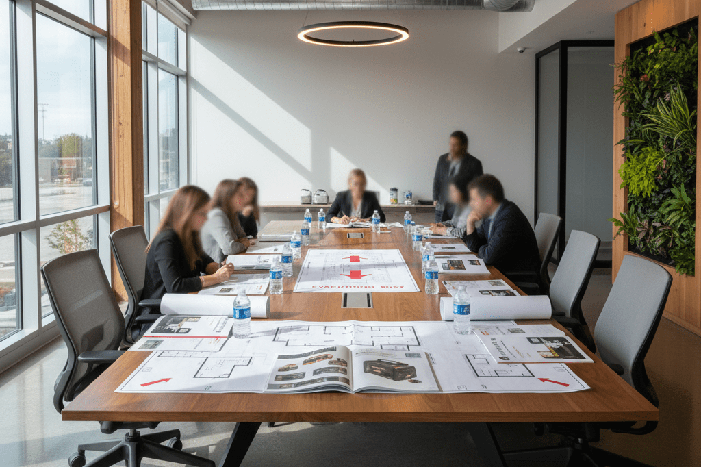 Business Community Collaborating on Emergency Preparedness Strategies Wide shot of a meeting table with emergency supplies and blueprints under natural light, symbolizing coordinated disaster planning efforts