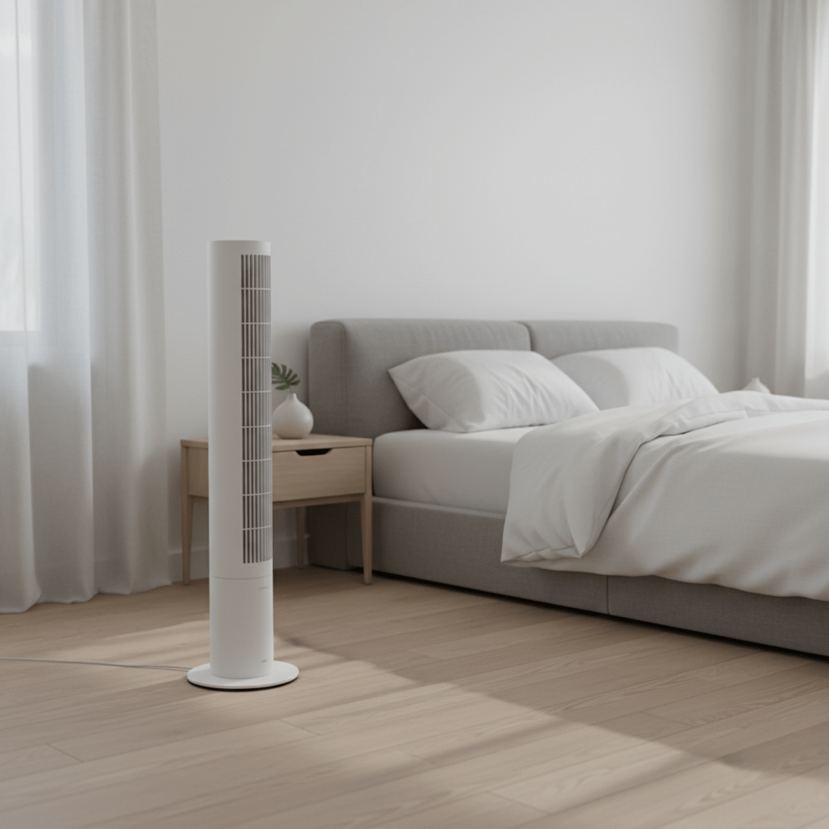 Matte white minimalist fan in a bright Scandinavian bedroom with oak floors.