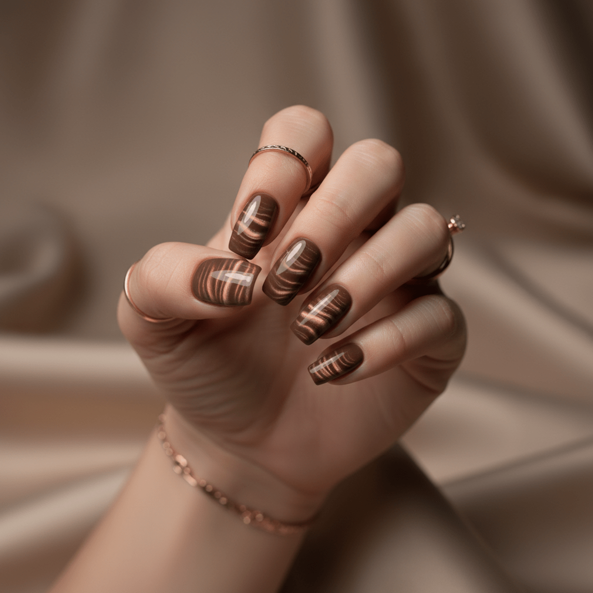 Rich mocha mousse nails with magnetic cat-eye effect and velvety shimmer.