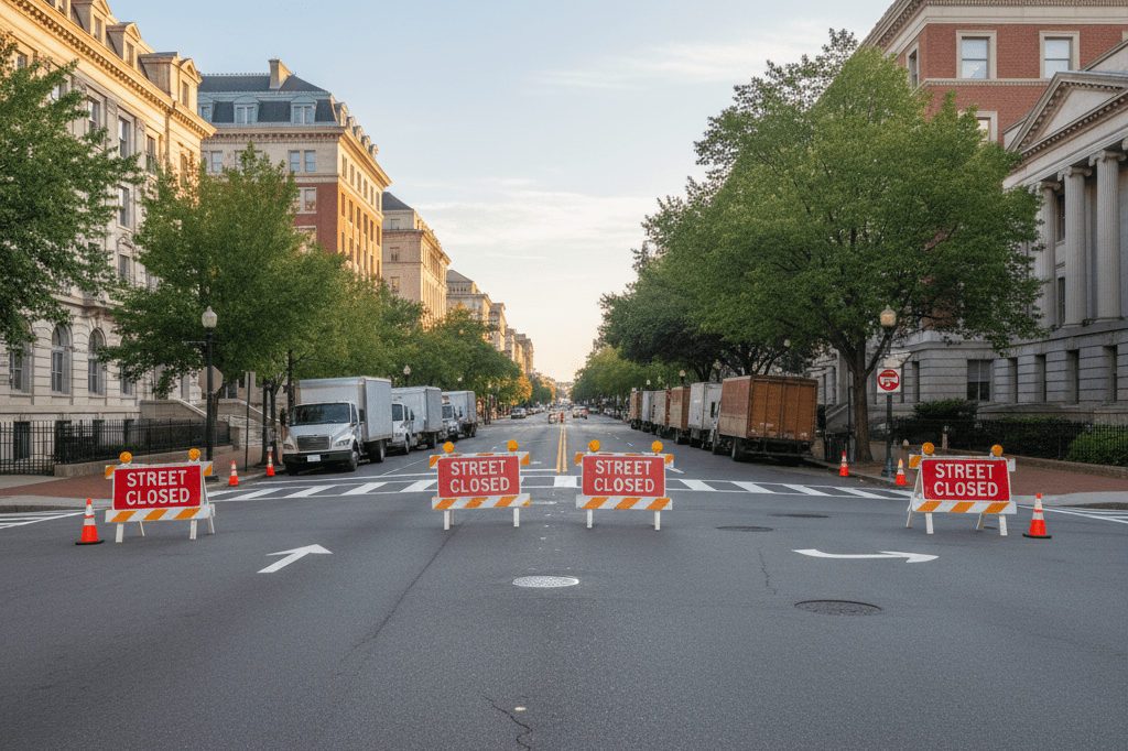 Urban street closure impacting delivery logistics during major events Temporary street closure with traffic cones and parked delivery trucks under ambient morning light symbolizing logistical hurdles
