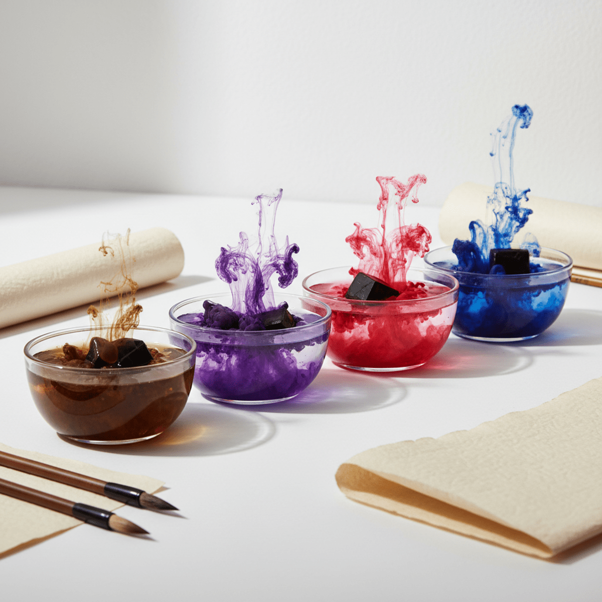 Vibrant ink crystals dissolving in water bowls, creating swirling color gradients.