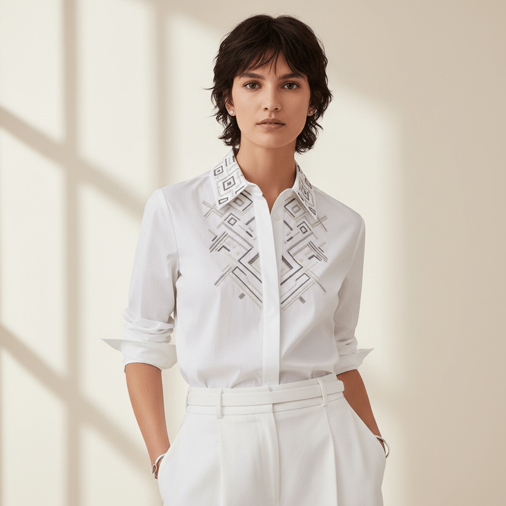 Model in a crisp white shirt with hand-embroidered geometric patterns on the collar.