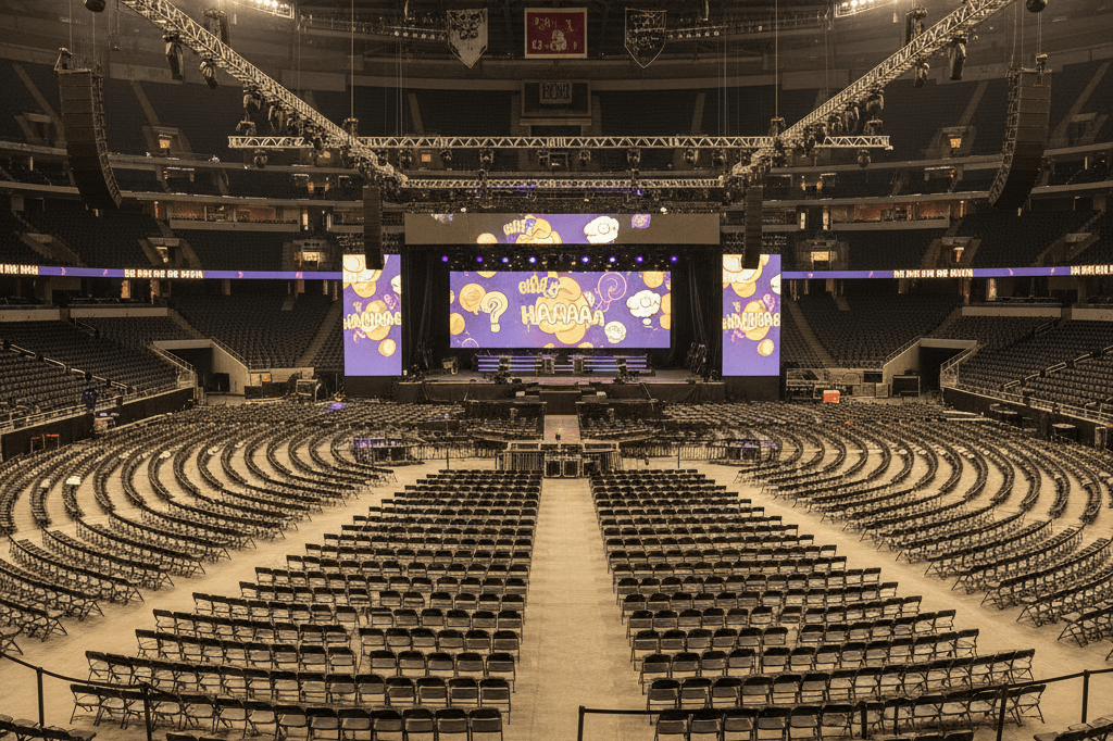 Bird's-eye perspective of symmetrical seating arrangements and stage setup in a large stadium lit warmly for a comedy performance