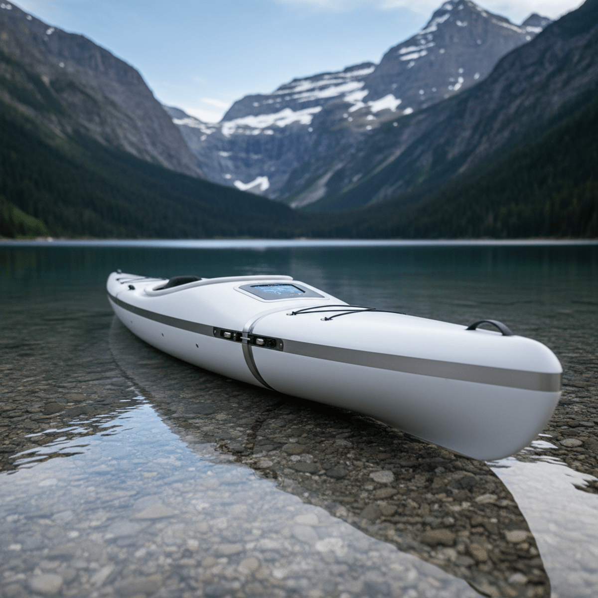 Sleek futuristic kayak on a clear lake shore with mountains, showing precision locking mechanism.