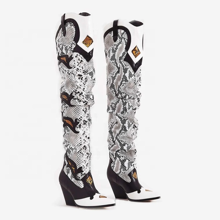 2020 Fashion Women Embroidered Western Thigh High Long Boots Low Heel Over the Knee Cowboy Booties