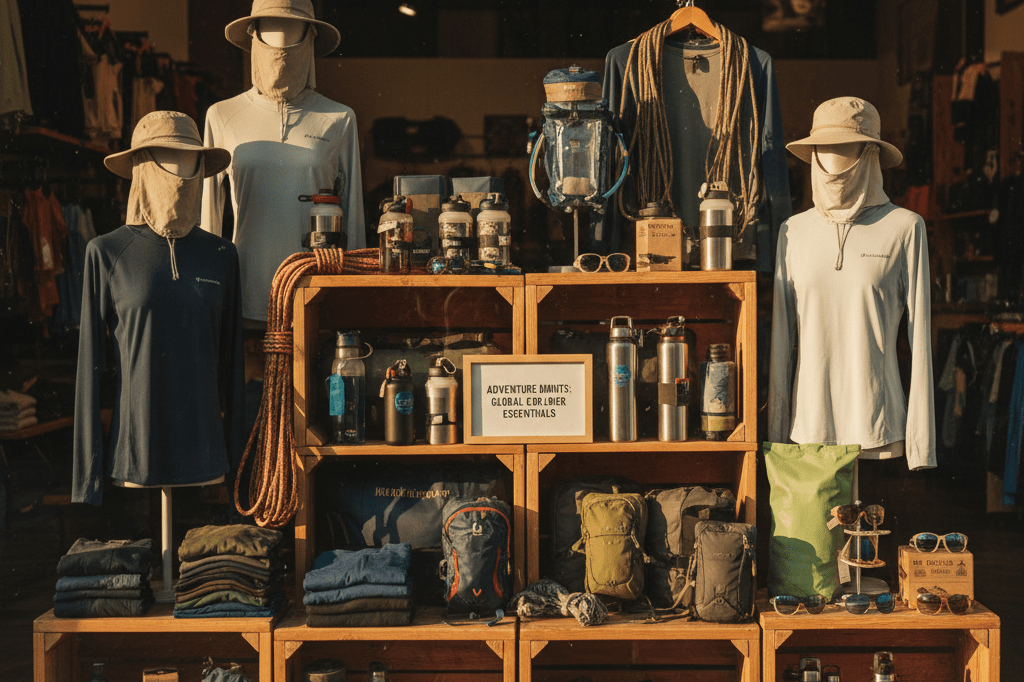 Outdoor gear shop display featuring thermal layers, hydration systems, and UV-protective equipment under natural light
