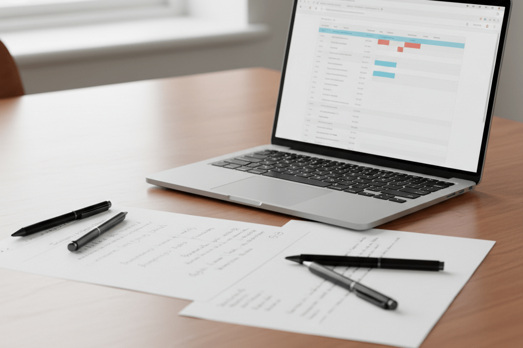 Table with laptop, handwritten notes, and pens lit by natural light, reflecting thoughtful planning for organizational change