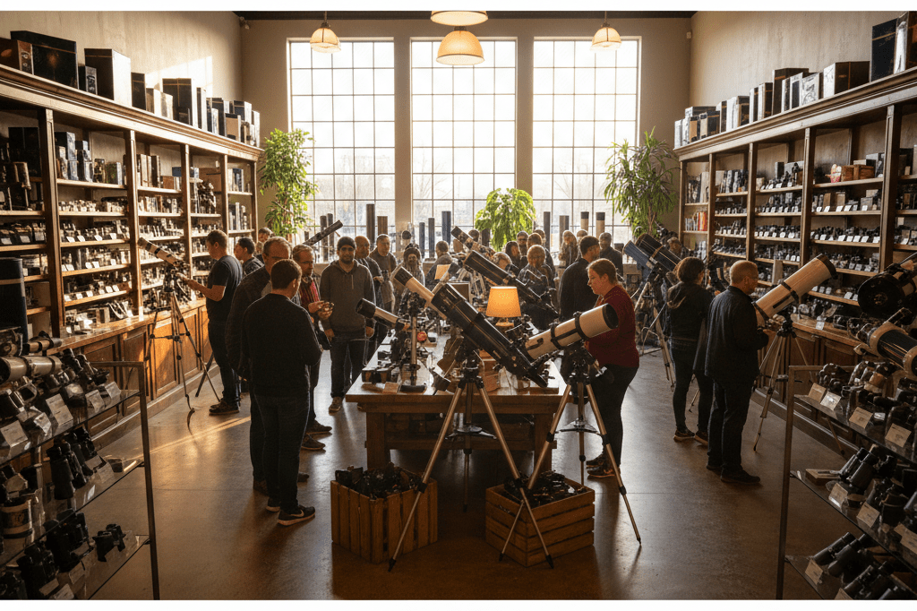 Interior view of astronomy equipment retail space filled with telescopes and bins under warm natural light, highlighting demand spikes