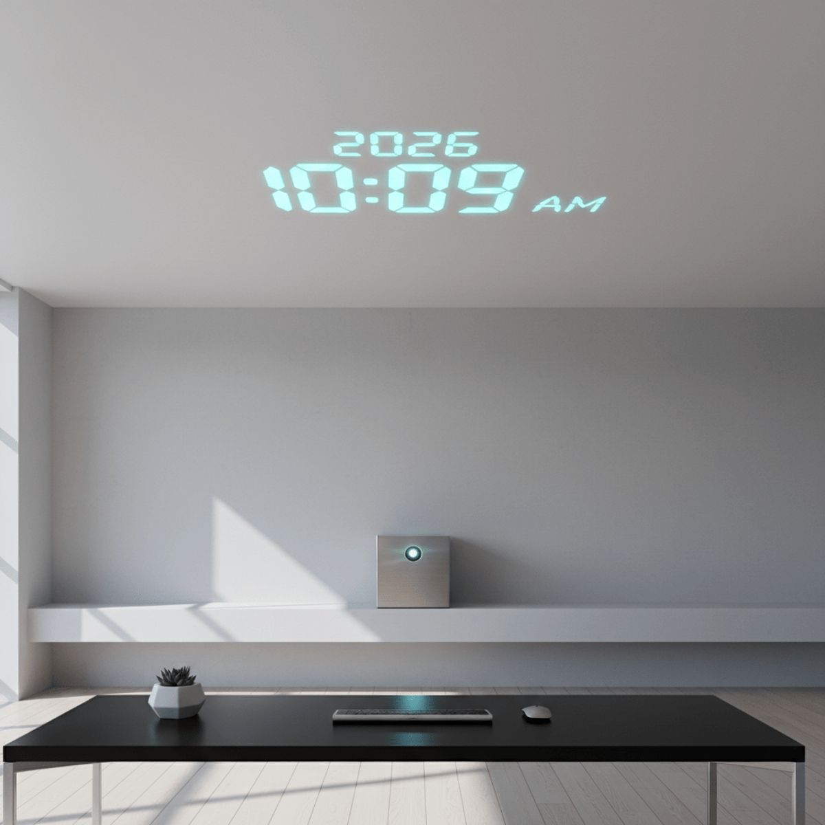 Futuristic clock projection casts cyan time display on a minimalist white ceiling.