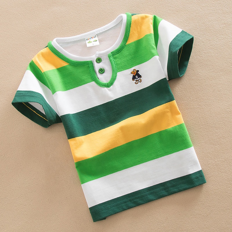 Summer Child Double Collar Short Sleeve Bear Print Boys' T-shirt Breathable And Never Fade Cotton Striped Casual T Shirt