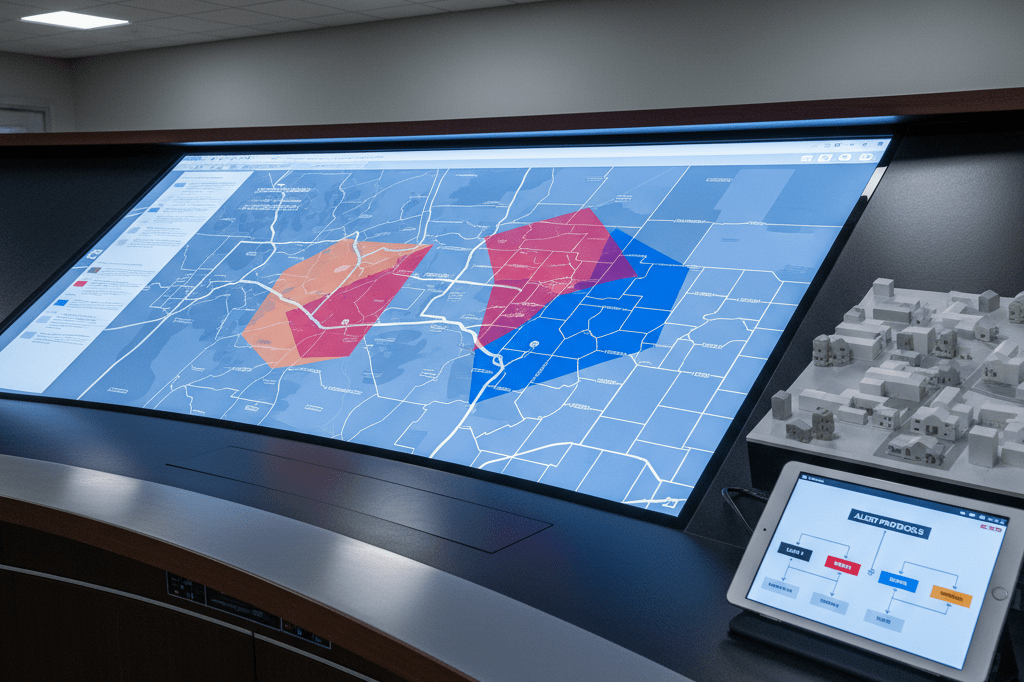 Emergency center desk with digital zone map and town model under cool monitor light