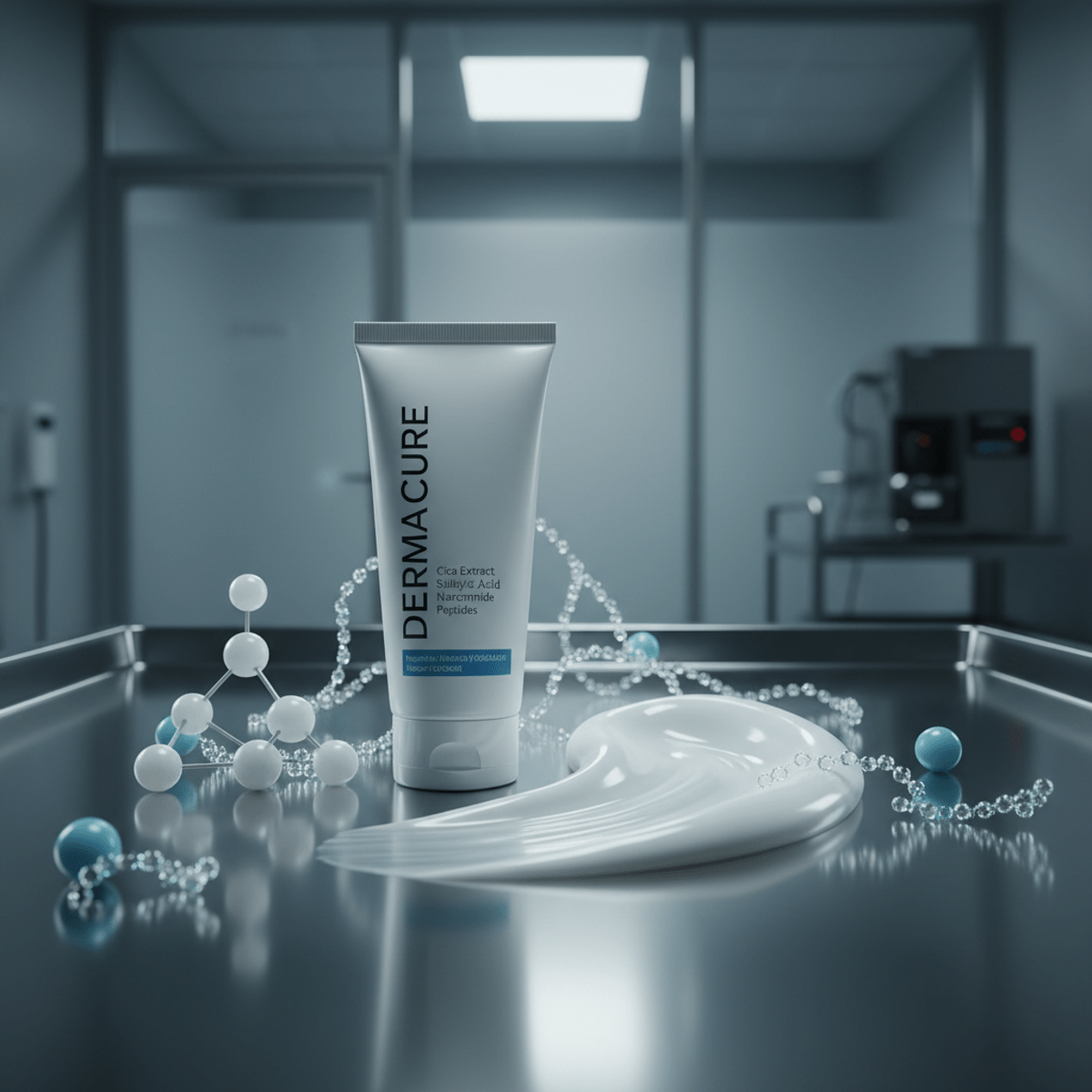 Psoriasis cream tube and swirl on stainless steel with molecular models.