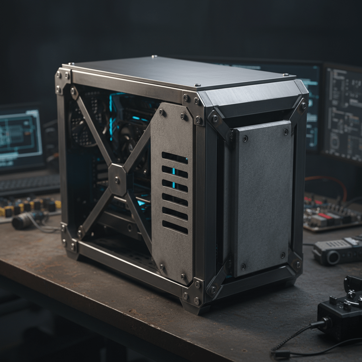 Brutalist industrial PC gaming desktop with raw steel and concrete texture.