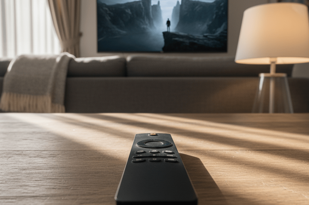 Modern TV remote on coffee table with soft ambient lighting, evoking suspenseful narrative anticipation
