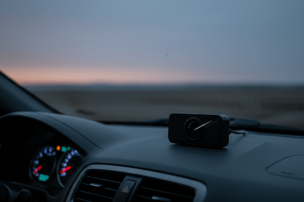 Medium shot of an unbranded dashboard camera on a car dashboard at dawn, reflecting faint light streaks suggesting a meteor event