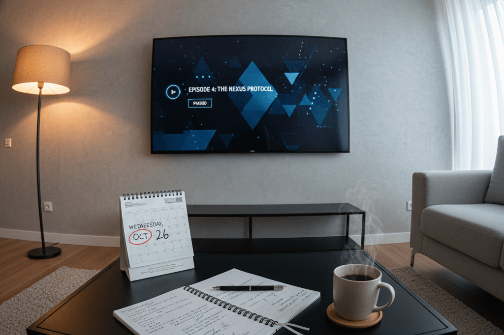 Living room with smart TV and objects hinting at scheduled streaming habits under ambient light