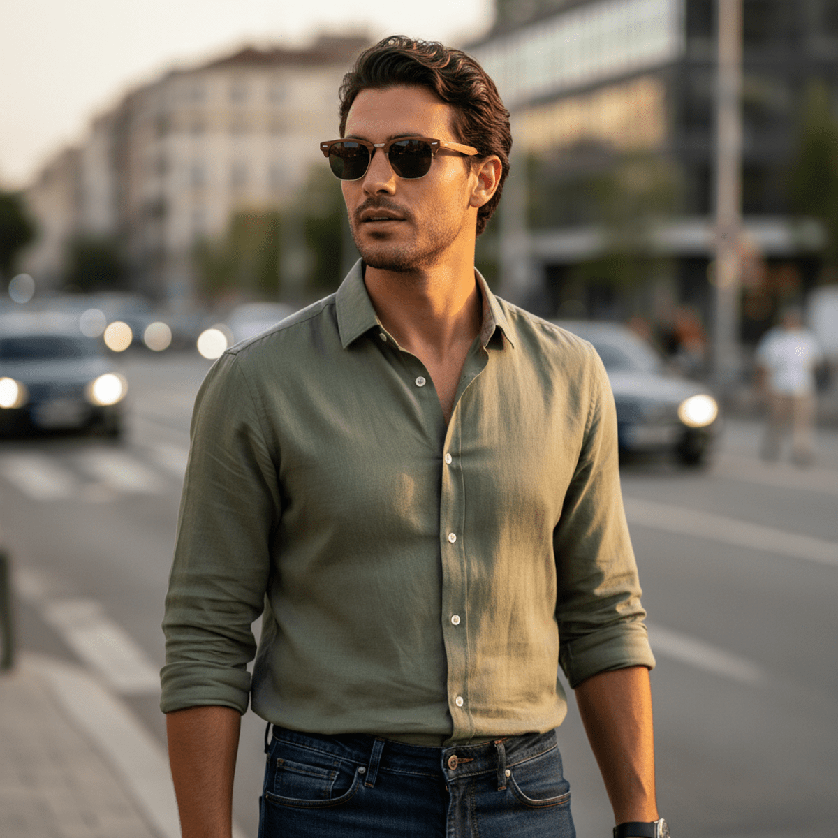 Fashionable man in walnut wood framed sunglasses on urban street at golden hour.