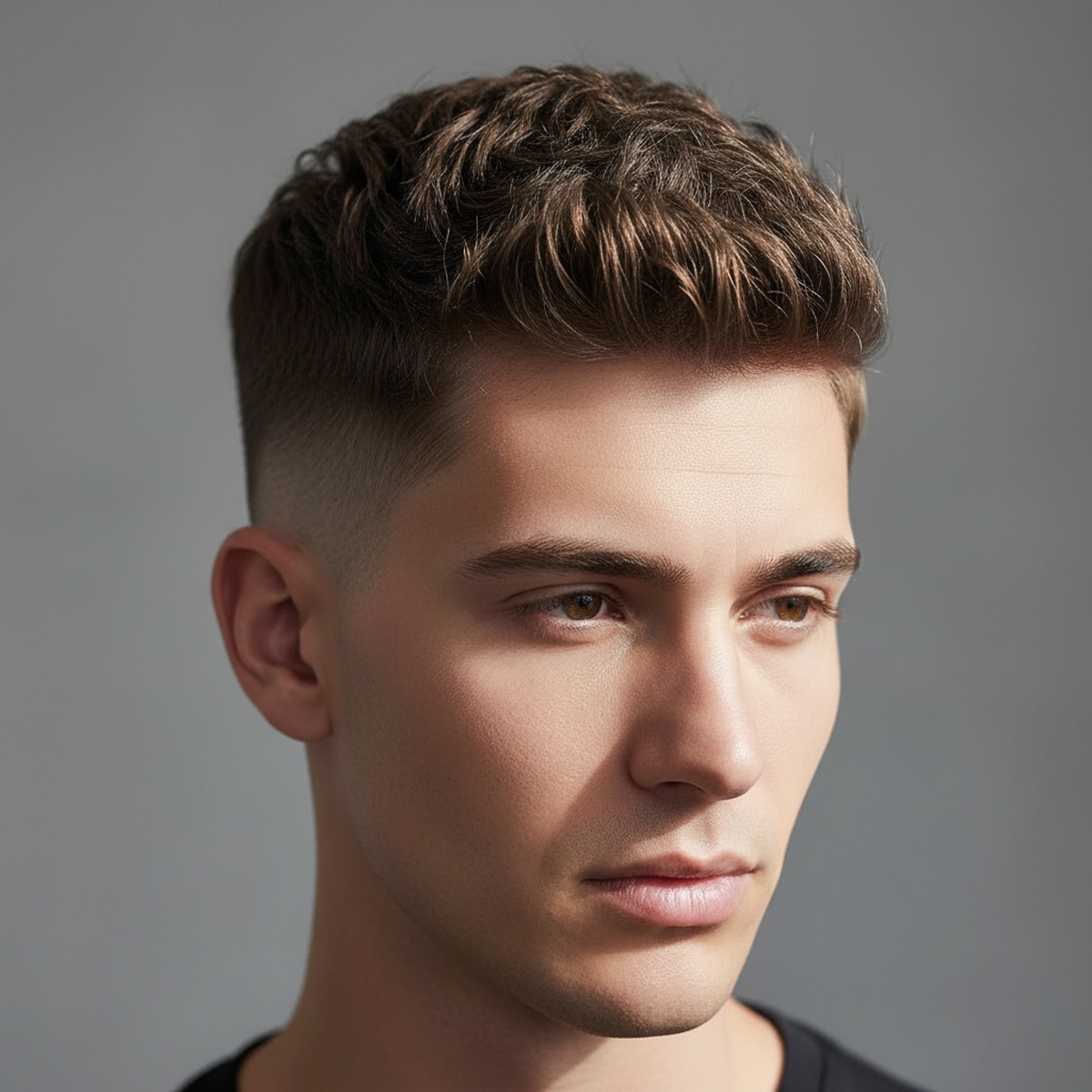 Man's textured crop haircut with choppy top and clean skin fade.