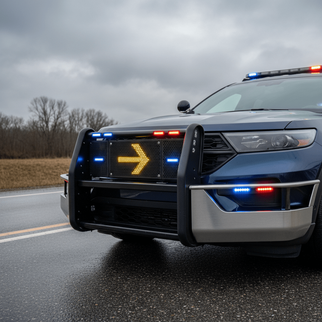 Sleek police vehicle push bumper with LED message board and flashing emergency lights.