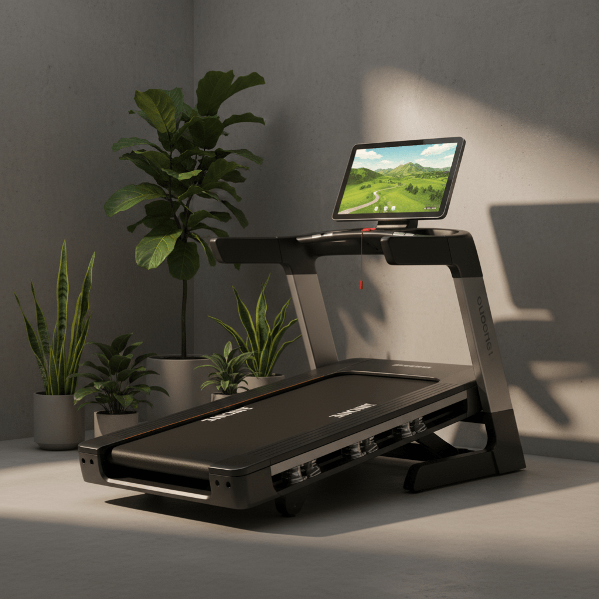 Fold-flat smart treadmill extended in a home gym corner with scenic display.