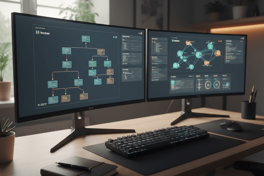 Gaming desk with monitors showing abstract strategy visuals under natural and ambient light, representing holistic product adjustments