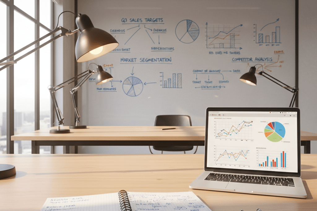 Workspace with whiteboard diagrams and analytics tools under natural light symbolizing competitive business strategies