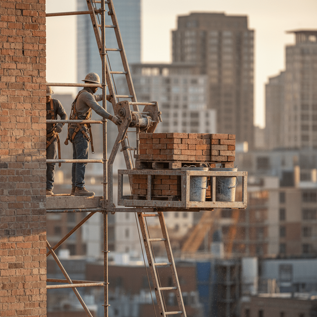 Masonry ladder hoist transports bricks on a tall brick restoration site.