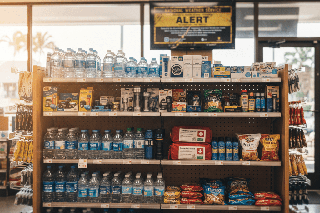 Medium shot of a well-stocked retail shelf with emergency supplies in a Hawaii convenience store under natural daylight