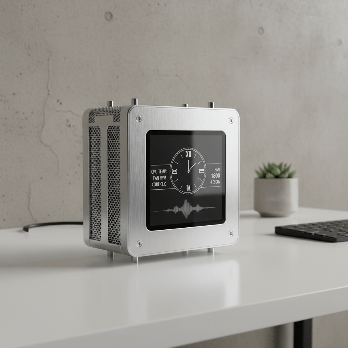 Ultra-modern CPU cooler with E-Ink screen displaying clock and specs.