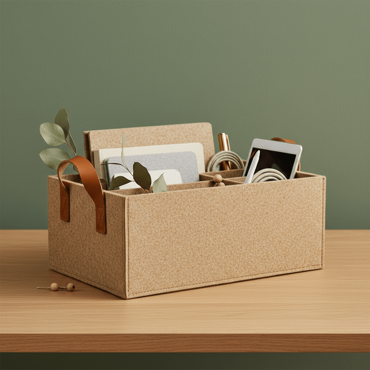 Warm oatmeal felt storage box organizing stationery and electronics on a desk.