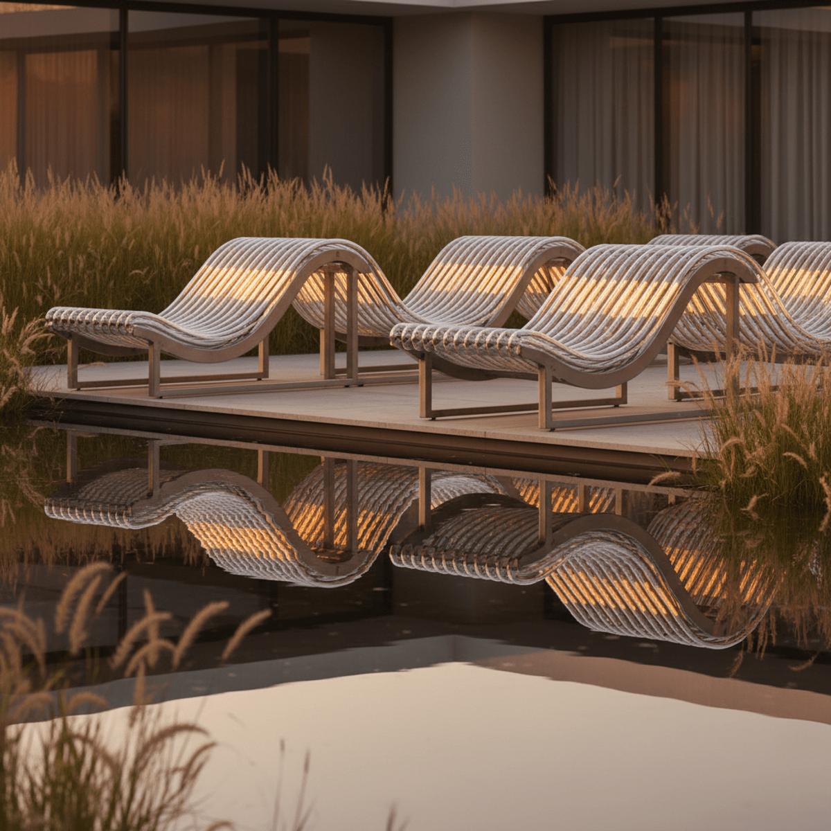 Wave-shaped solar heaters with glass tubes beside a pond in a modern garden.