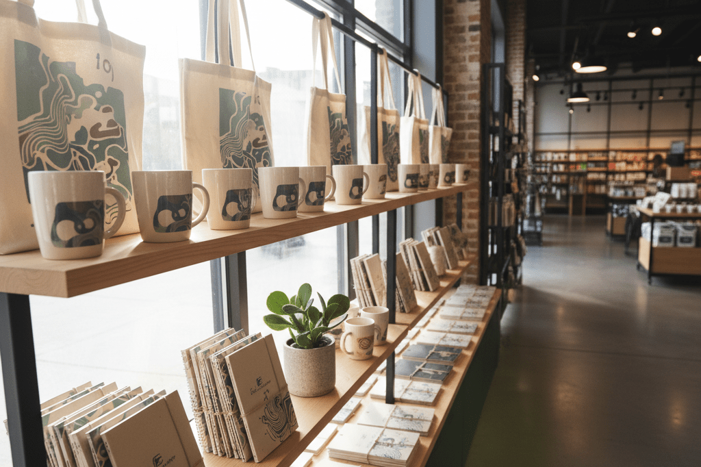 Wide shot of a retail shelf with charity-themed products under soft natural light, symbolizing event-driven market trends