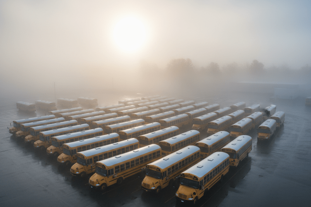 Wide shot of parked school buses enveloped in thick fog symbolizing weather-related disruptions