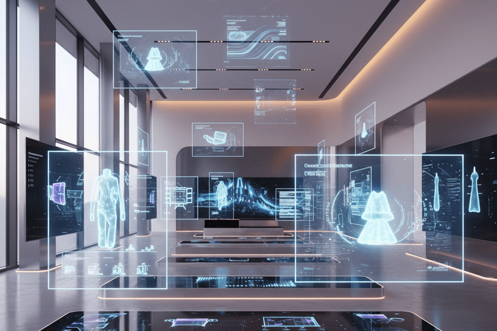 Sleek virtual showroom with digital displays and holograms under blended natural and ambient light, symbolizing evolution beyond traditional TV