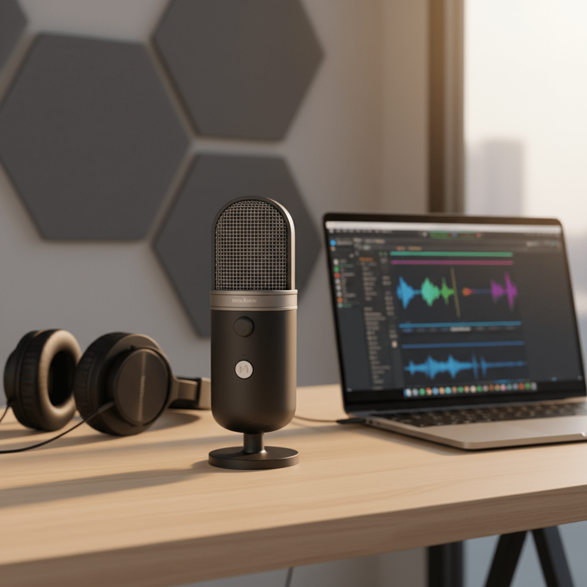 Modern dual-capsule microphone on a minimalist desk with recording gear.